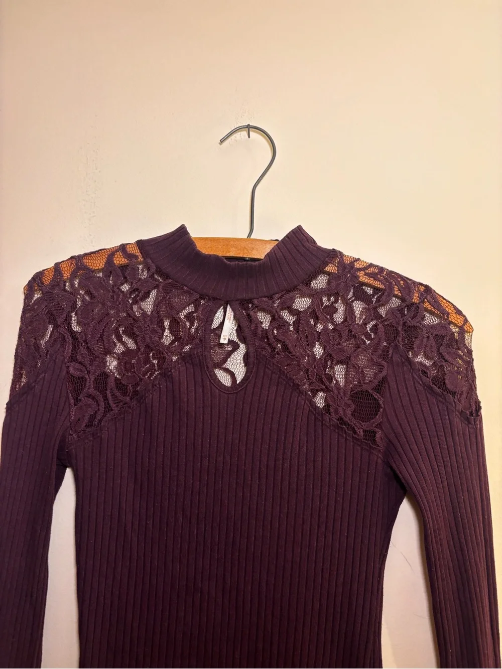 Free People Plum Lace-Collar Yoke Ribbed Long Sleeve Top